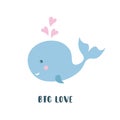 Kids Cartoon Illustration Of A Cute Baby Whale. Valentine`s Day. Baby Valentine. Baby Shower.